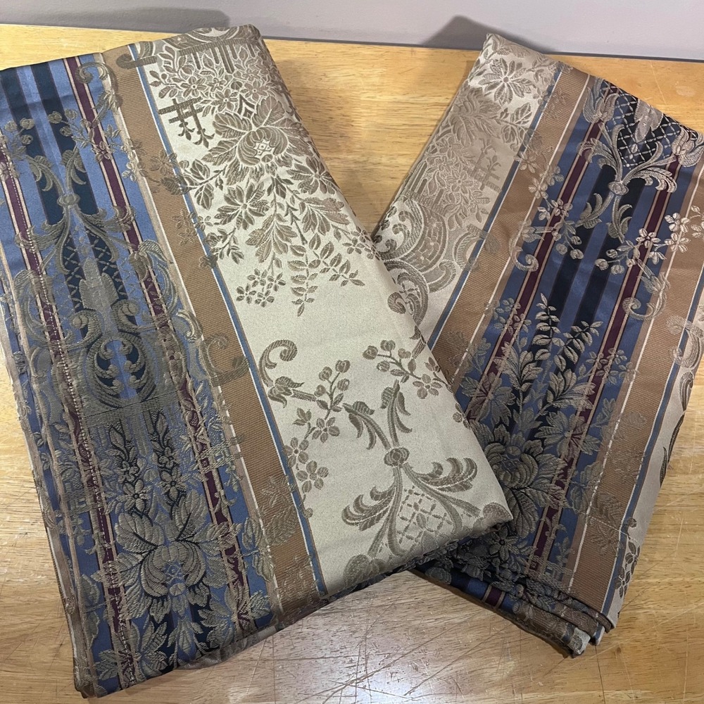 Croscill Chapel Hill Curtain Panels 50x86 Gold Blue Vtg Damask Floral Stripe 2pc
